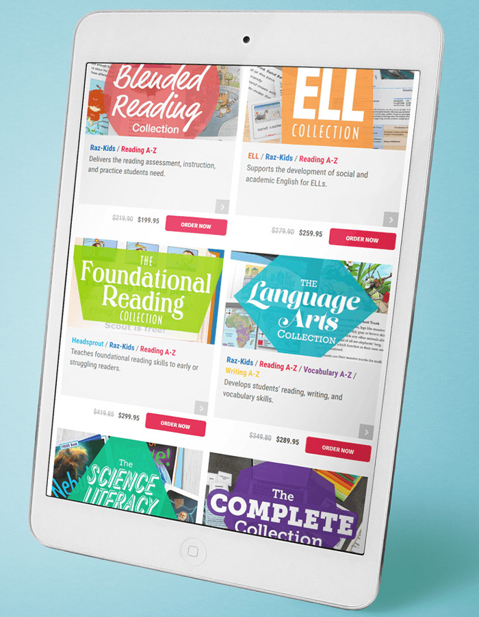 Tablet showing the Learning A-Z store with all the collection branding