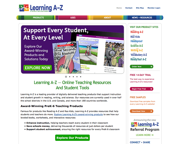 home page of the old Learning A-Z website in 2014